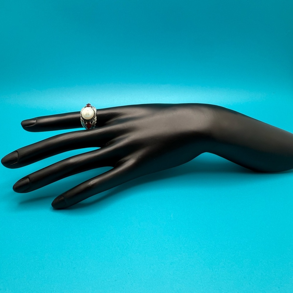 Silver 925 Ruby & Pearl Ring - image 4